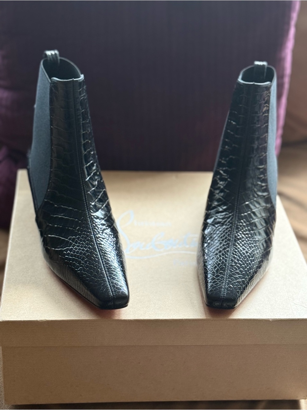 Christian Louboutin Black Croc-Embossed Pointed Chelsea Booties BRAND NEW